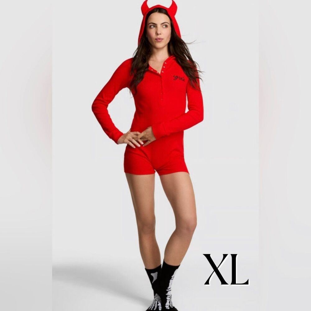 Victoria’s Secret PINK Bright Vermillion Red Devil Halloween Playsuit Size XL